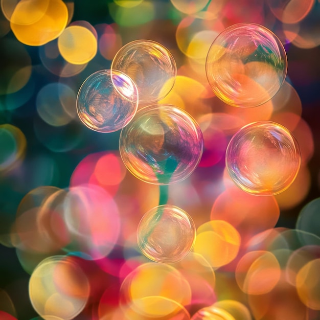 Photo bouncy bubbles colorful bokeh background with transparent soap bubbles floating in the air