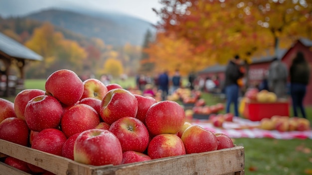 Photo bountiful apple harvest displayed at a vibrant fall festival in a colorful orchard setting