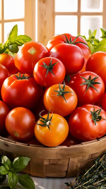 A bountiful arrangement of ripe juicy tomatoes of varying sizes and shades of red displayed in a