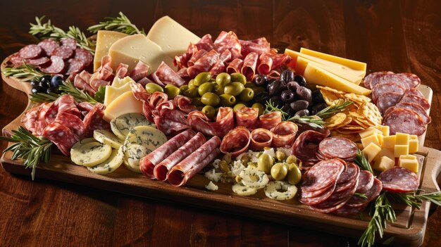 A bountiful charcuterie board laden with a variety of cured meats cheeses olives and garnishes perfect for a gourmet feast