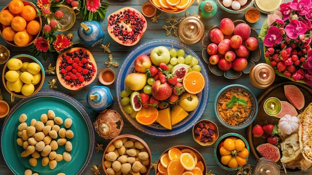 Photo a bountiful display of fruits sweets and delicacies laid out on a table in preparation for the eid