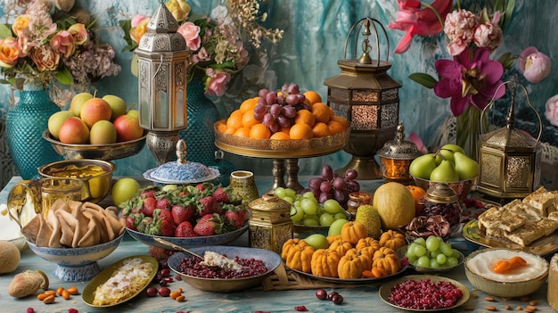 Photo a bountiful display of fruits sweets and delicacies laid out on a table in preparation for the eid