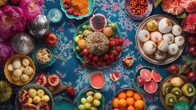 Photo a bountiful display of fruits sweets and delicacies laid out on a table in preparation for the eid