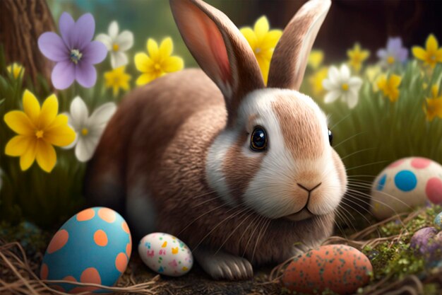 Bountiful Easter Adorable Bunny Surrounded by Easter Eggs