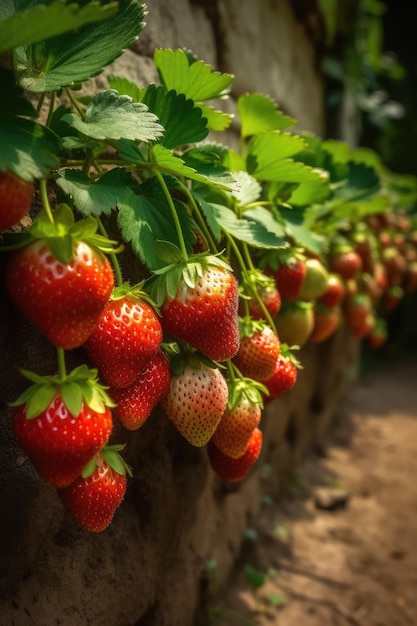 Bountiful Harvest of Red Strawberries on a Courtyard Wall