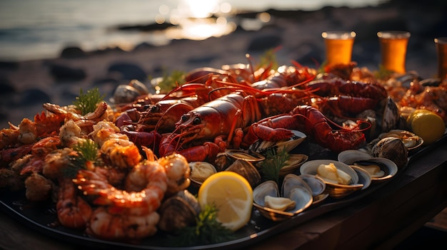 Photo bountiful seaside seafood feast captured in rich vibrant hues