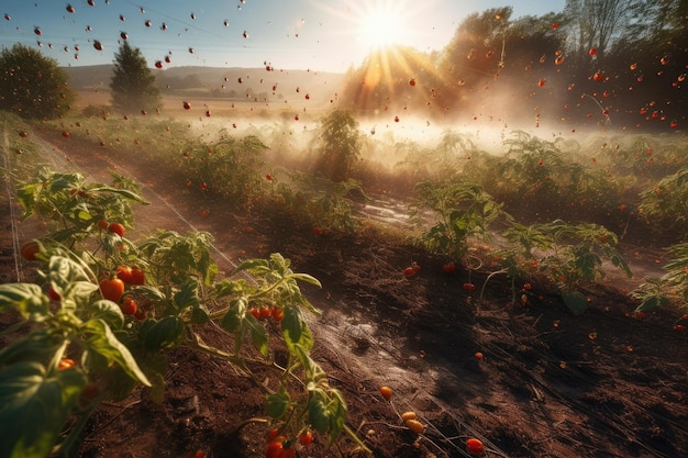 Bountiful tomatoes butterflies and dancing colors Soft and lively generative IA