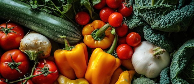 A bounty of fresh vegetables tomatoes bell peppers zucchini and leafy greens offering a feast of vibrant colors and health