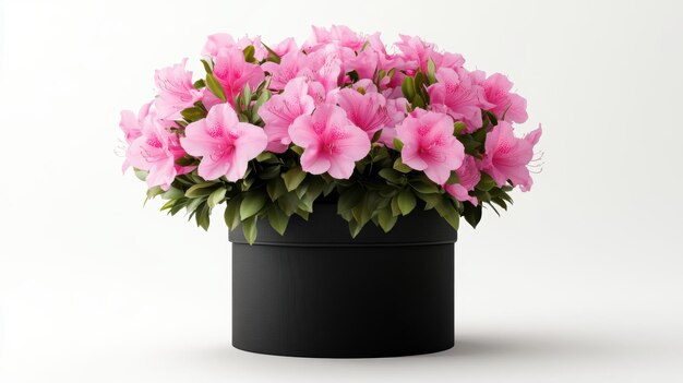 Bouquet of azaleas in an elegant black hat box on a white background