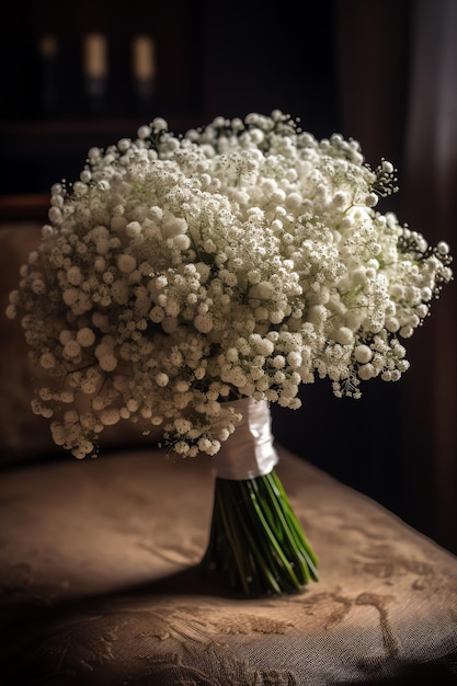 A bouquet of baby's breath is displayed on a couch.