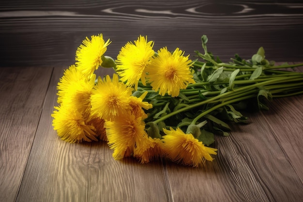 Bouquet of beautiful dandelion flowers on light wooden background