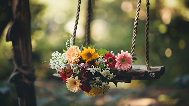 A bouquet of beautiful flowers on a wooden swing in the garden