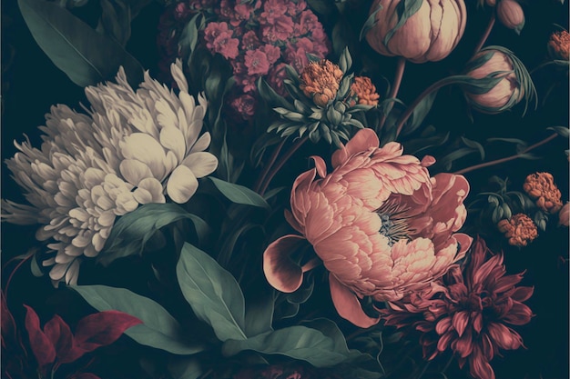 Bouquet of beautiful garden flowers on black background Vintage Created with Generative AI technology