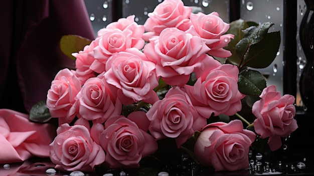 A bouquet of beautiful pink roses against the background of a window on a rainy day