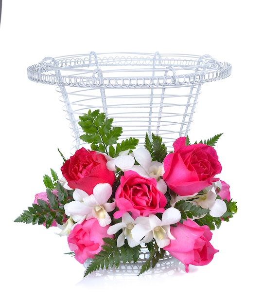 Bouquet of beautiful pink roses on white background