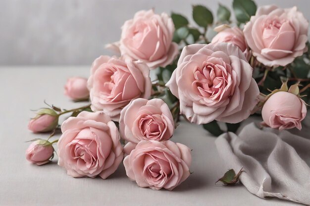 Bouquet of beautiful pink roses on white table closeup