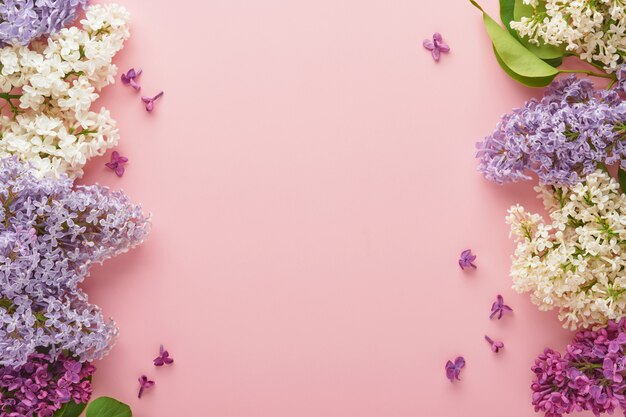 Bouquet of beautiful white and purple lilac on pink background. Top view. Festive greeting card with peony for weddings, happy womens day, Valentines and Mothers day.