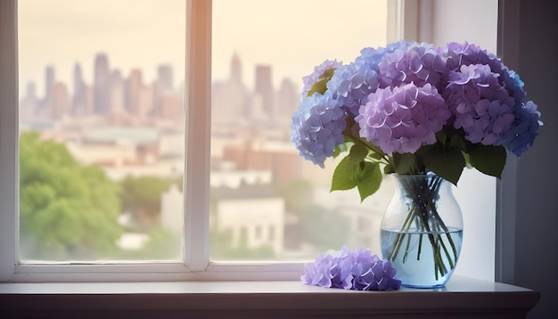 A bouquet of blue hydrangeas in a vase on a windowsill with a blurred city skyline