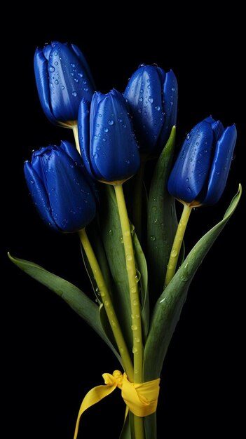 Photo a bouquet of blue tulips with rain drops on a black background