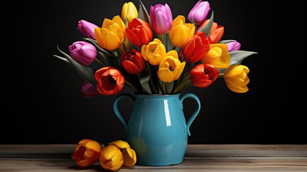 A bouquet of bright fresh tulips stands in an elegant ceramic vase