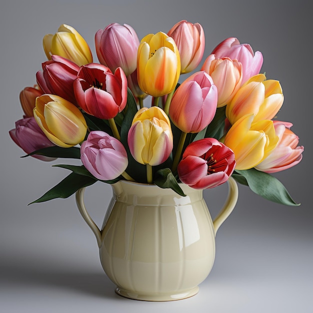 A bouquet of bright fresh tulips stands in an elegant ceramic vase