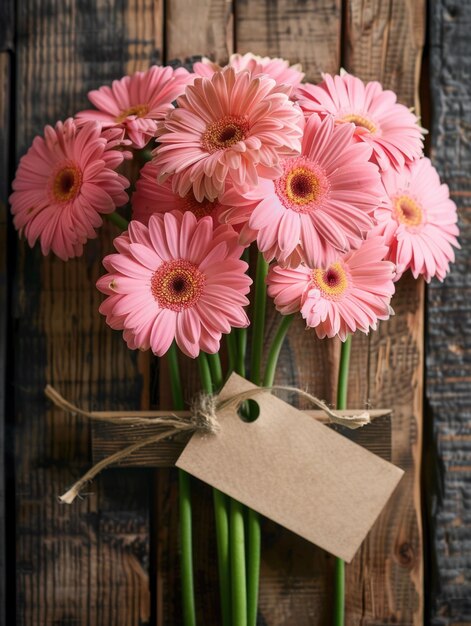 A bouquet of bright pink flowers with a colorful tag attached