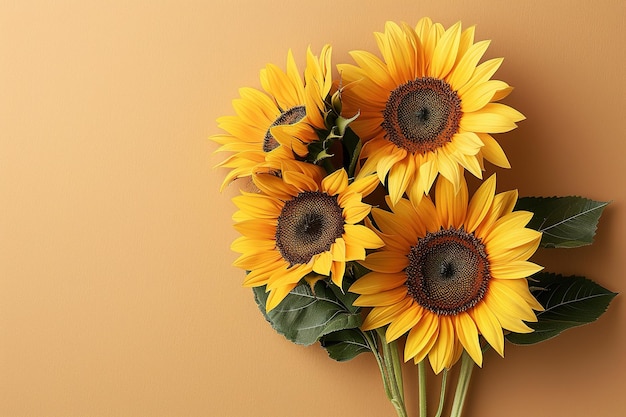 bouquet of bright yellow sunflowers beige background top view beautiful floral template copy space