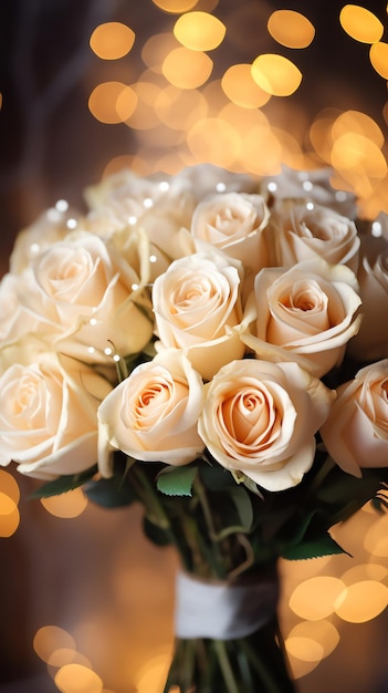 Bouquet of champagne color roses Happy Valentine's day greeting card concept AI generated image