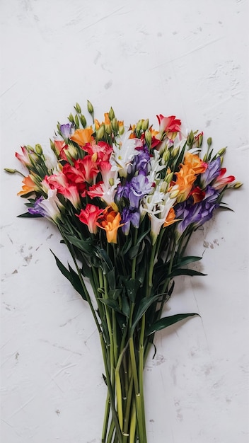 Bouquet of colorful flowers alstroemeria on white background flat lay horizontal mockup