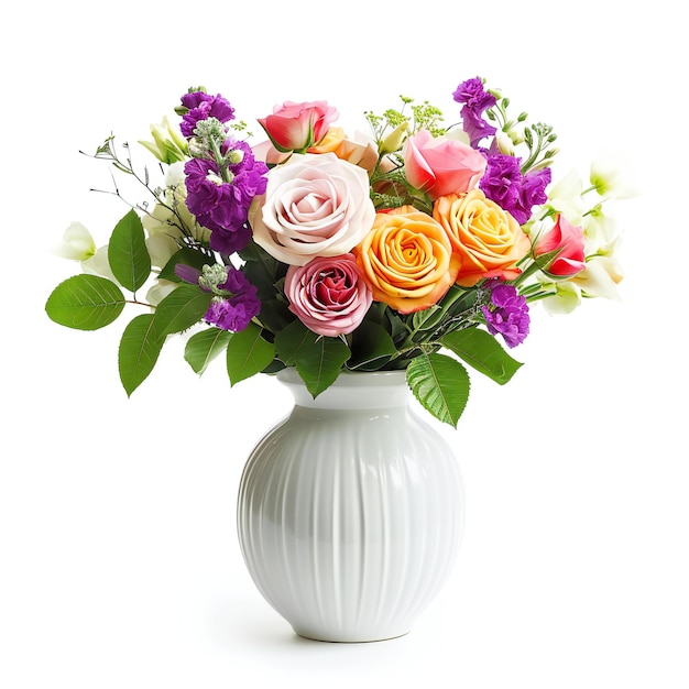 Bouquet of colorful flowers in vase isolated on white background