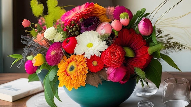 Bouquet of colorful flowers in a vase on the table