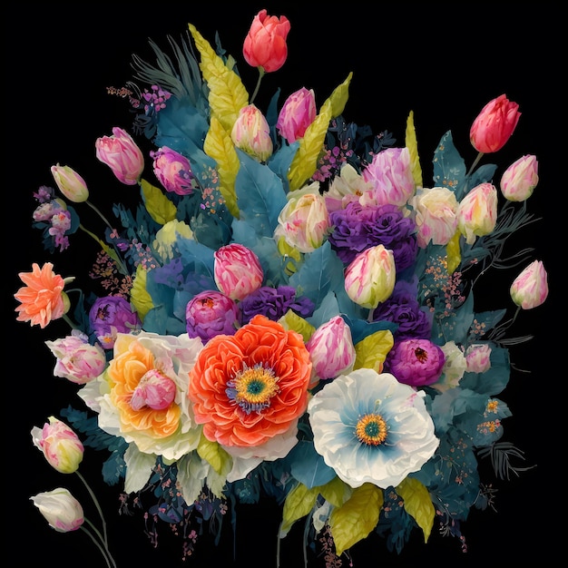 Bouquet of colorful garden flowers on black background Multicolor bouquet of flowers Generative AI