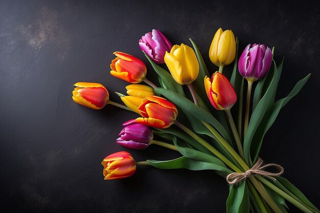 Photo bouquet of colorful tulips on dark background with space for copy