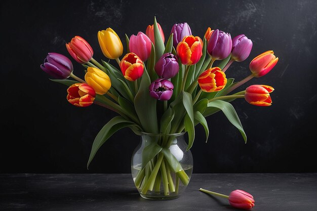 Bouquet of Colorful Tulips on Dark Background with Space for Copy