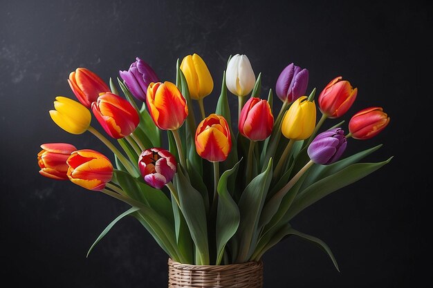 Bouquet of Colorful Tulips on Dark Background with Space for Copy