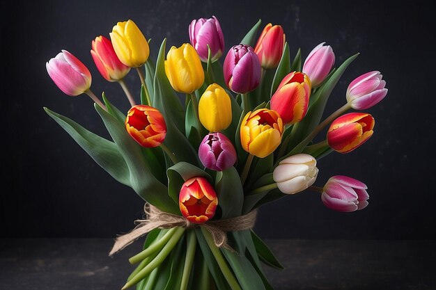 Bouquet of Colorful Tulips on Dark Background with Space for Copy