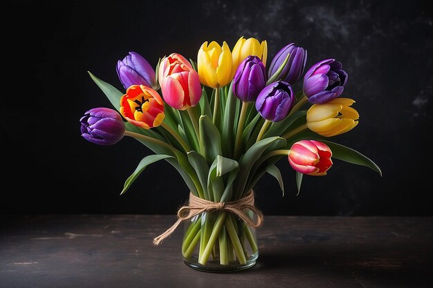 Photo bouquet of colorful tulips on dark background with space for copy