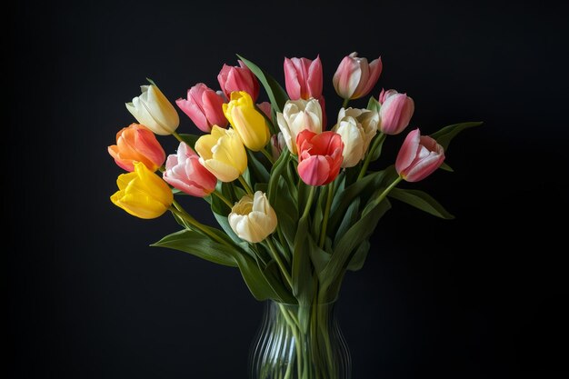 Photo a bouquet of colorful tulips in a glass vase arranged against a black background