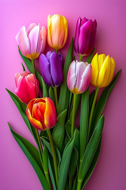 Bouquet of colorful tulips on pink background