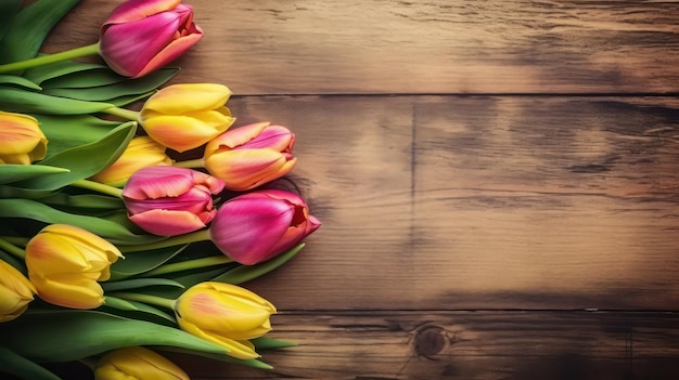 A bouquet of colorful tulips on a wooden table