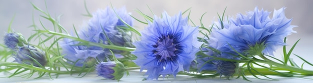 A bouquet of cornflowers lies on a white surface Banner Generate Ai