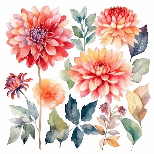 A bouquet of dahlias with leaves. watercolor illustration.