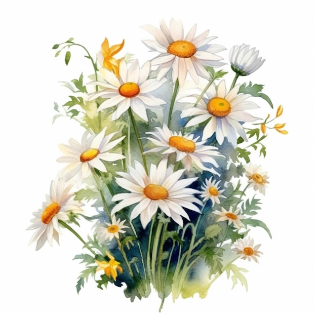 A bouquet of daisies is painted in watercolor.