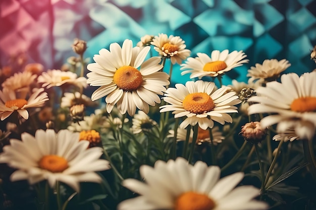 a bouquet of daisies is in a vase with a blue background