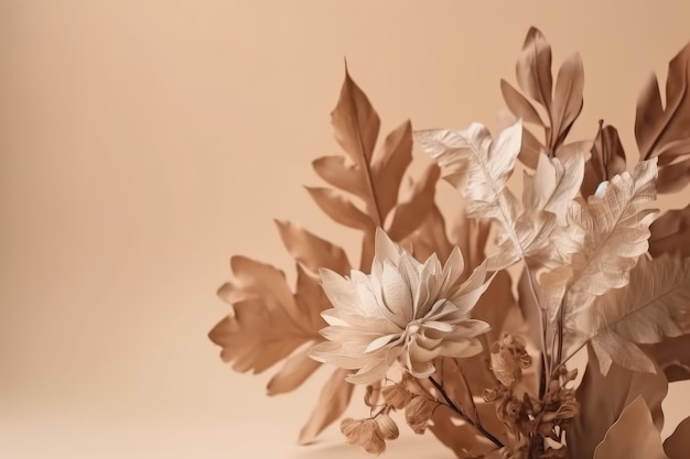 Bouquet of dried flowers branches and leaves on beige background Generative AI