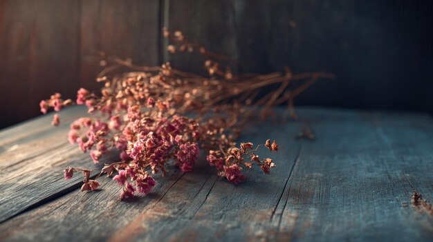 Photo a bouquet of dried flowers resting on a rustic wooden surface capturing a serene moment