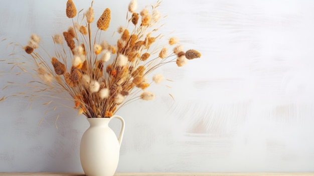 Bouquet of dried flowers in vase on wooden table Generative AI