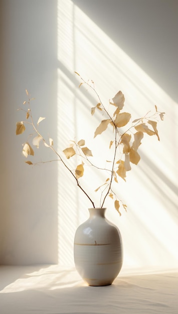 Bouquet of dried leaves in a vase on a white background