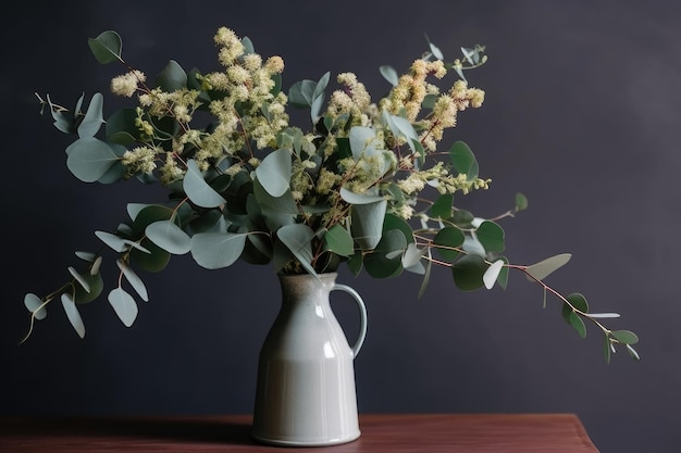 A bouquet of eucalyptus flowers in a vase