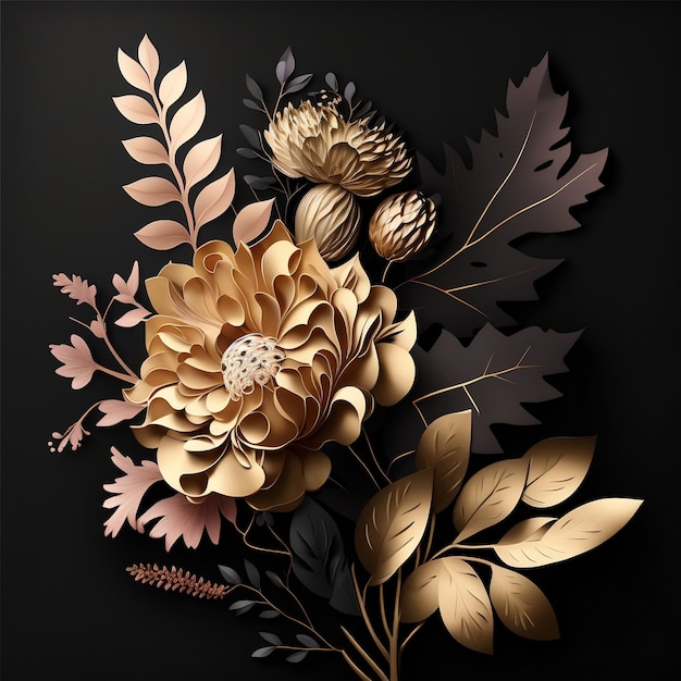 bouquet of flowers on a black background behance hd gold paper art generative AI